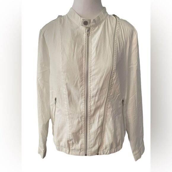 637 - SHORT BIKER MOTO WHITE ZIP JACKET BY ALLEGRA K, MEDIUM - Picture 2 of 9